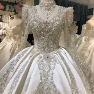 KissWhite Satin V Neck Long Sleeves Ball Gown Wedding Dresses