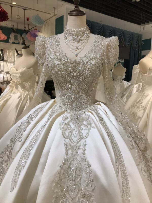 KissWhite Satin V Neck Long Sleeves Ball Gown Wedding Dresses