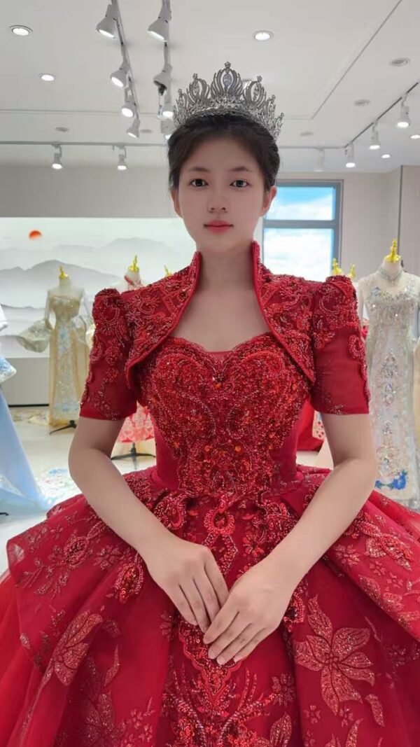 KissWhite Xlove Collection Red Short Sleeves Jacket Off Sleeves Remove and Strapless Lace Tulle Ball Gown Bridal Dresses