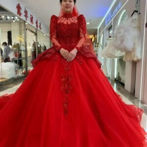 KissWhite Xlove Collection High Neck Red LONG SLEEVES Lace GLITTERS Ball Gown Bridal Dress