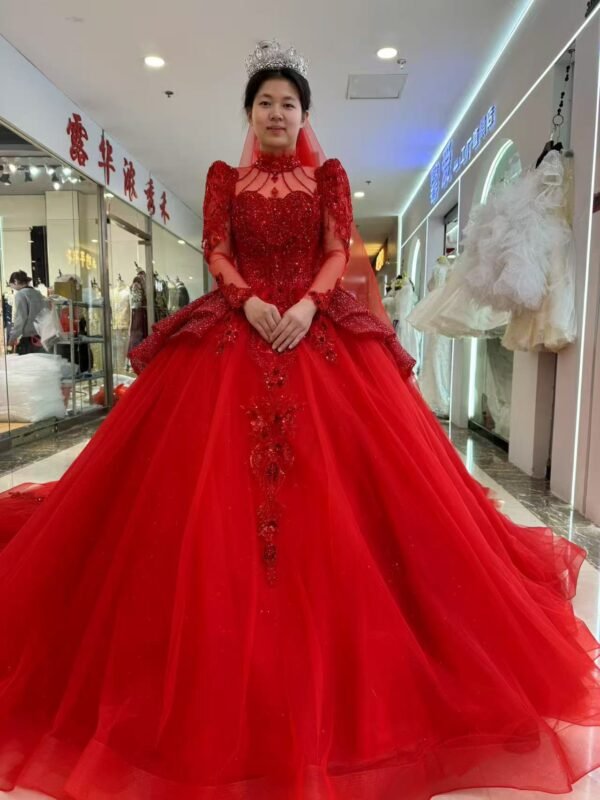 KissWhite Xlove Collection High Neck Red LONG SLEEVES Lace GLITTERS Ball Gown Bridal Dress