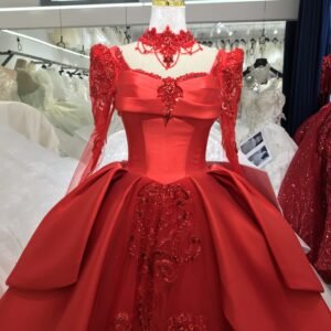 KissWhite Xlove Collection Red Long Sleeves Satin Lace Tulle Ball Gown Bridal Dresses