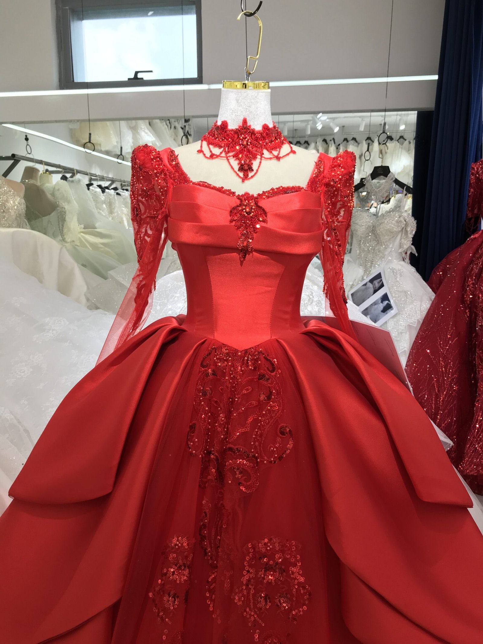 KissWhite Xlove Collection Red Long Sleeves Satin Lace Tulle Ball Gown Bridal Dresses